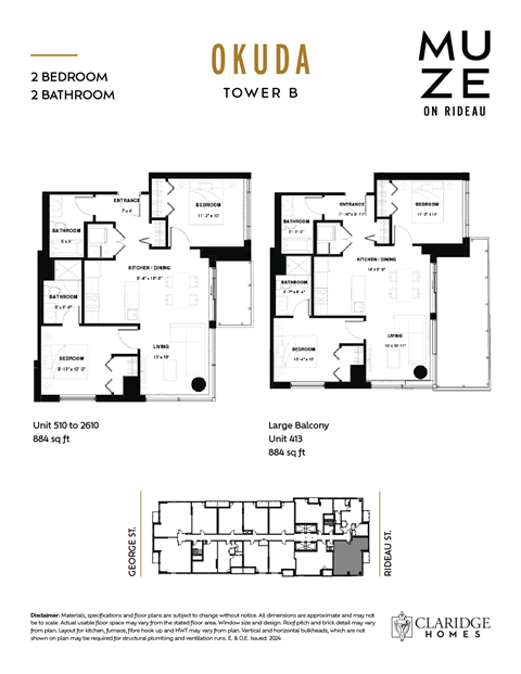 Floor plan for 2 beds, 2 baths, 884 sqft